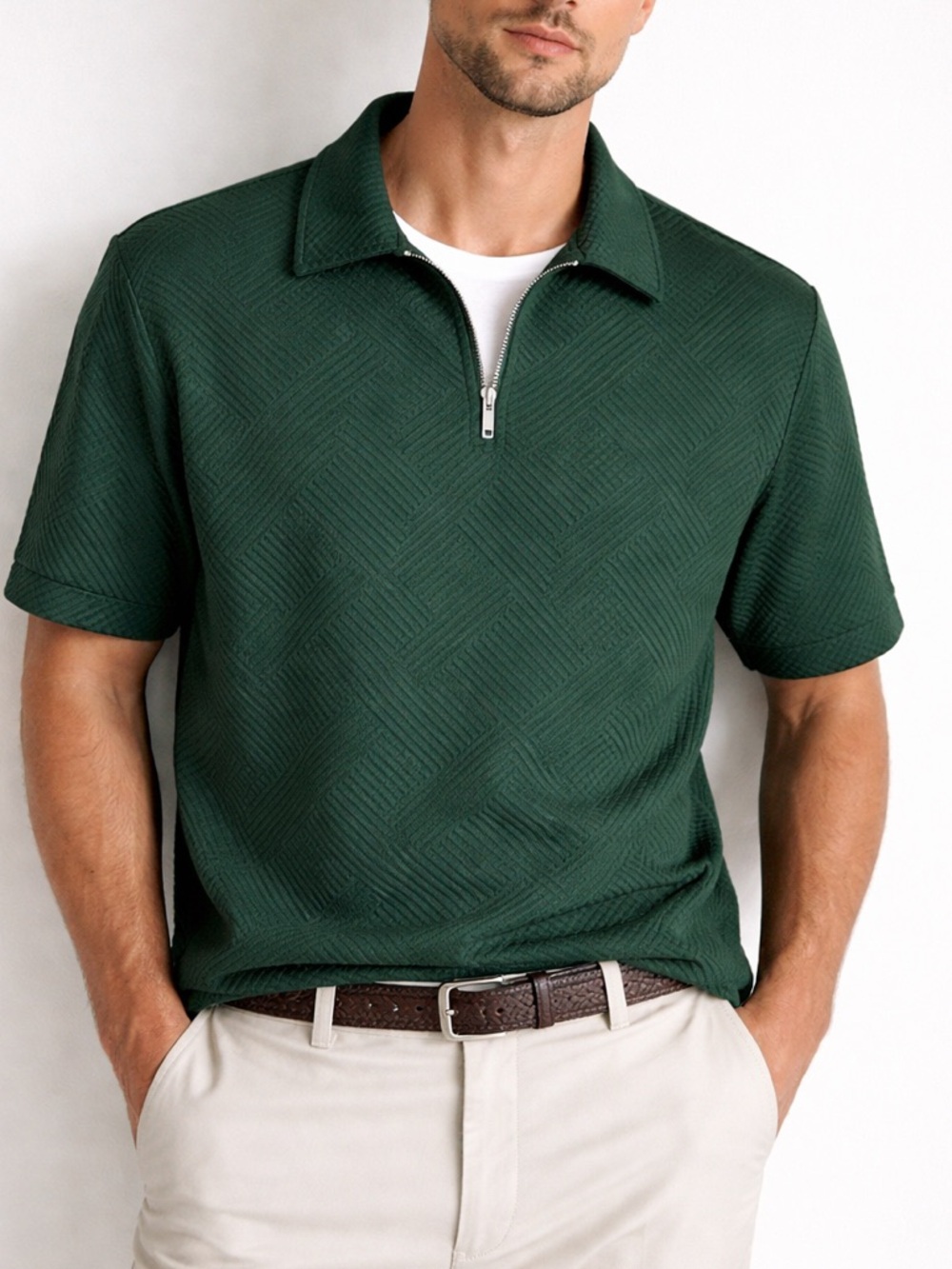 Men's Short-Sleeve Zip Polo in Forest Green from‎ Shein